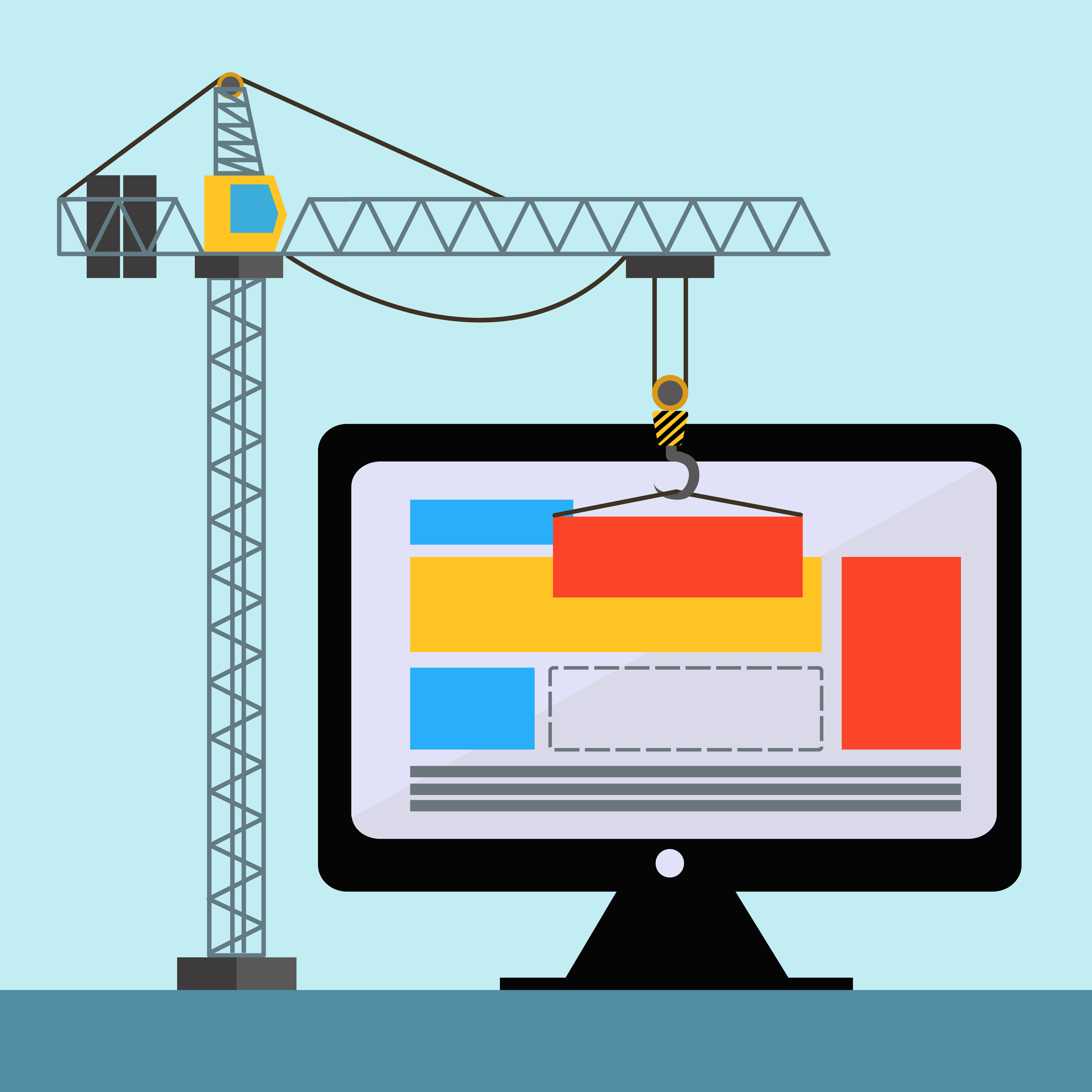 Web design with crane lifting building blocks on PC vector concept